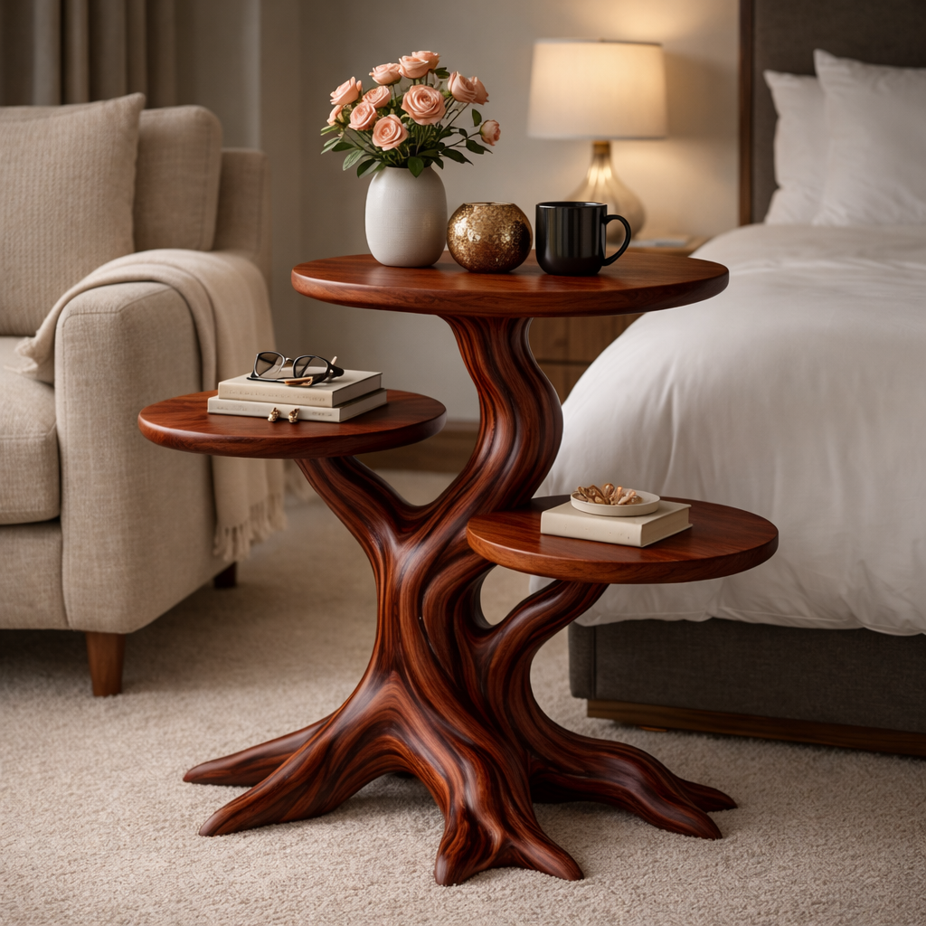 Sculptural Wooden End Table with Organic Branch Base and Tiered Tops
