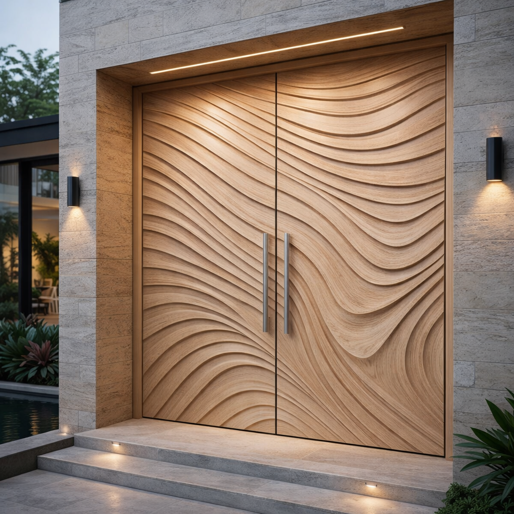 Sculpted Solid Wood Door with Fluid Wave Design