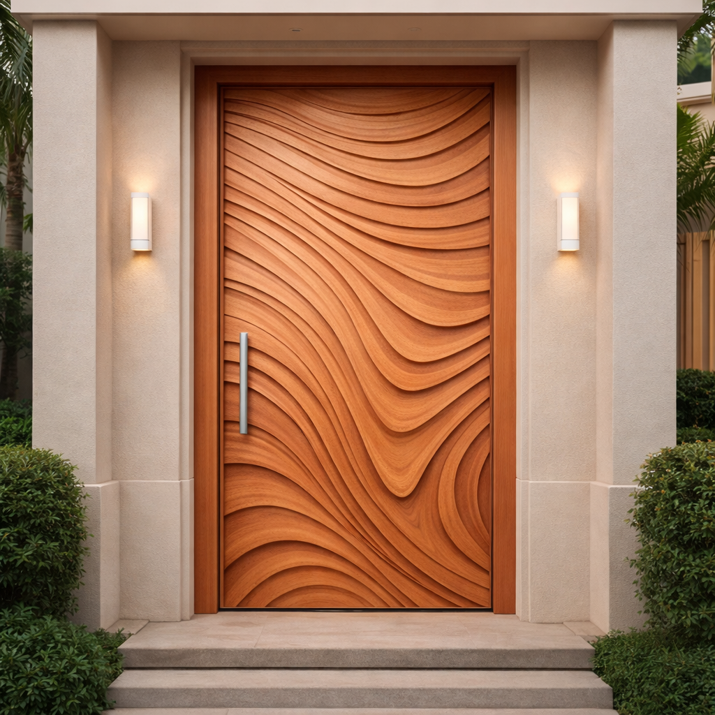 Sculpted Solid Wood Door with Fluid Wave Design