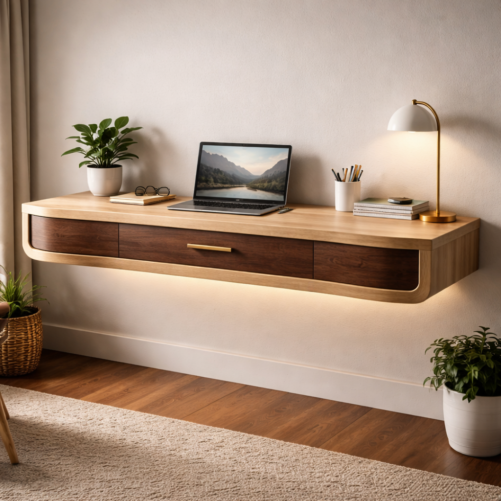 Sculptural Floating Desk with Warm Wood and Modern Detailing