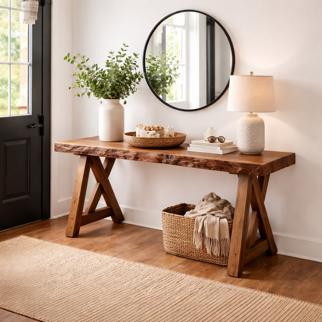 Live Edge Wooden Entryway Table with Natural Textures and Timeless Style