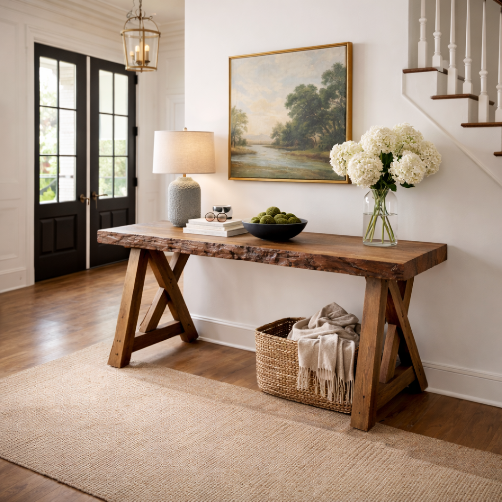 Live Edge Wooden Entryway Table with Natural Textures and Timeless Style