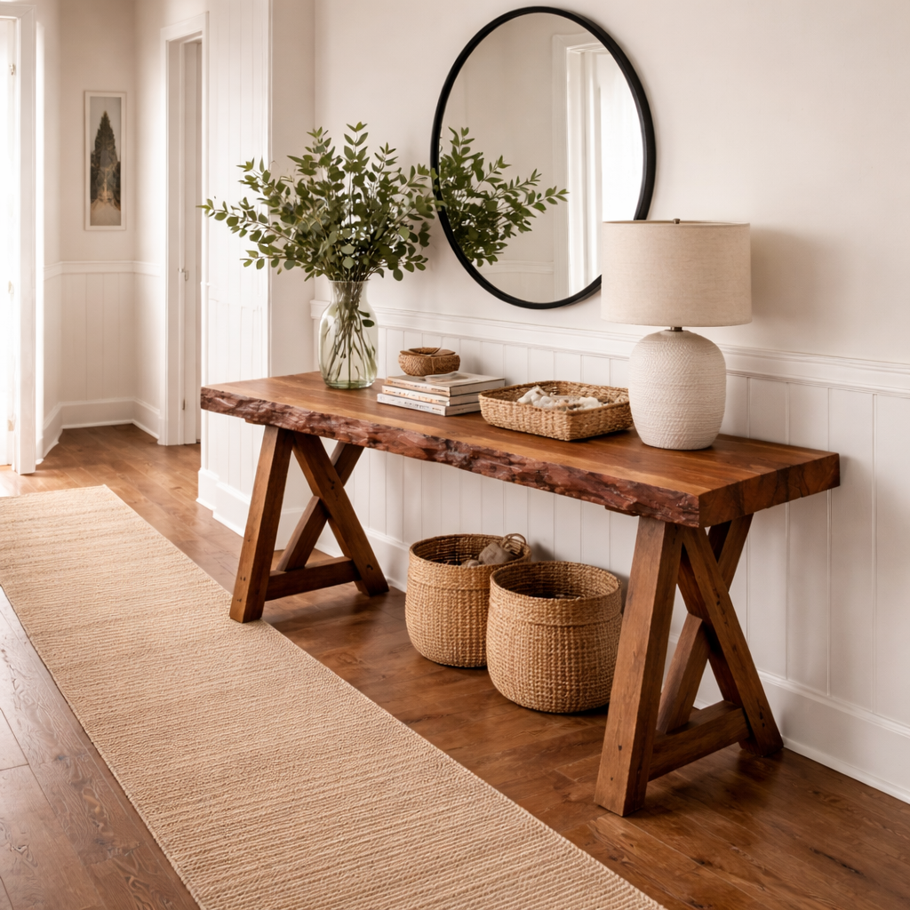 Live Edge Wooden Entryway Table with Natural Textures and Timeless Style
