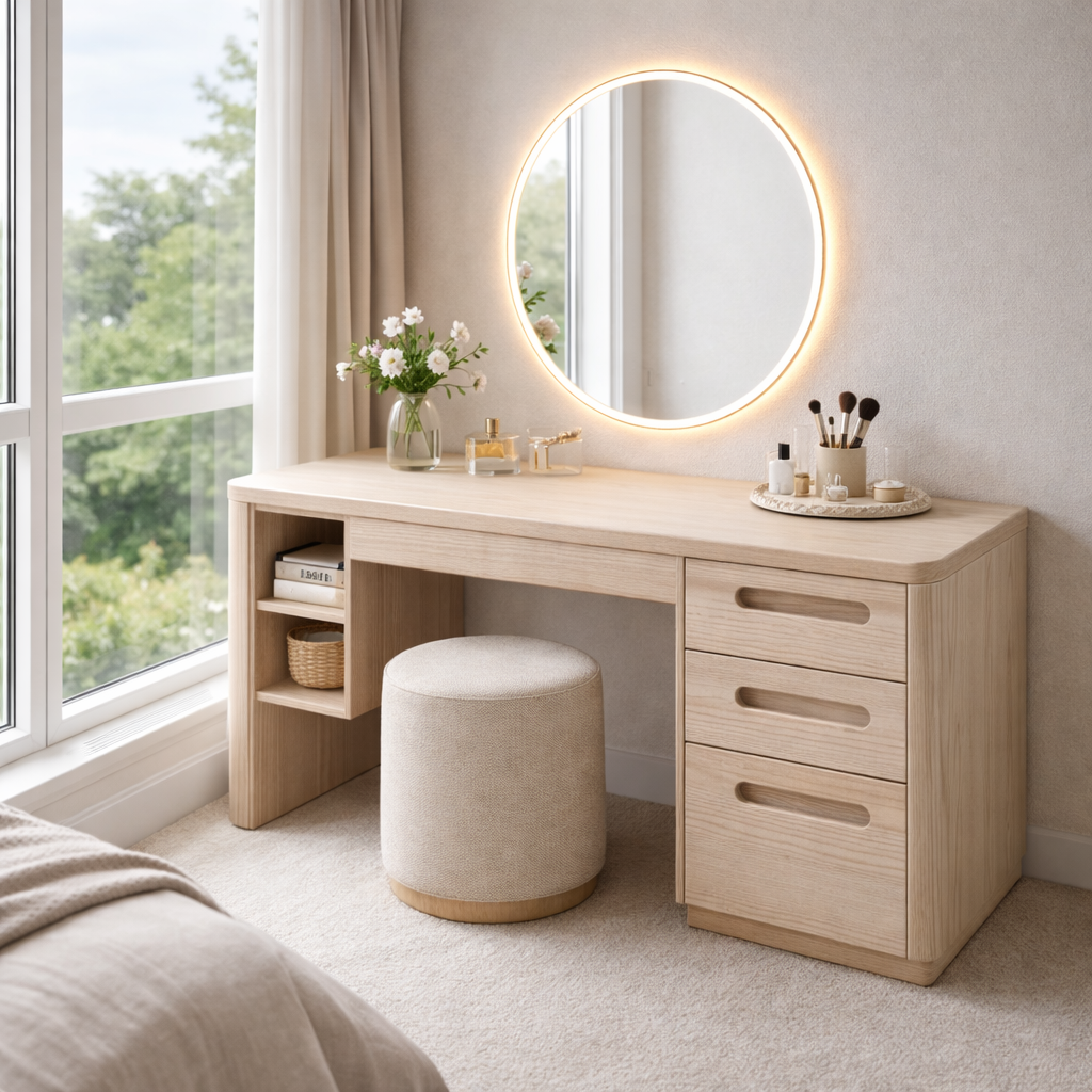 Sculptural Vanity Table with Soft-Close Drawer and Open Storage