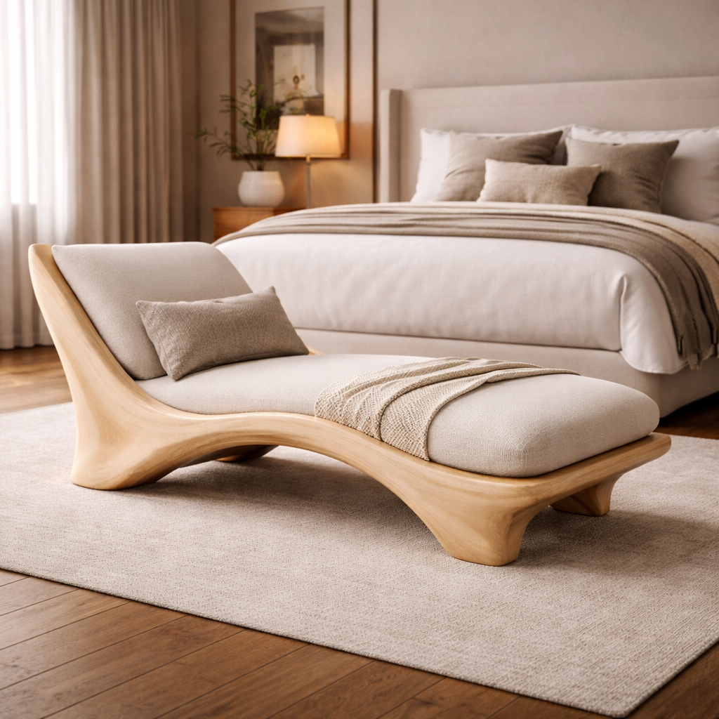 Sculptural Chaise Lounge with Organic Curves and Wooden Frame