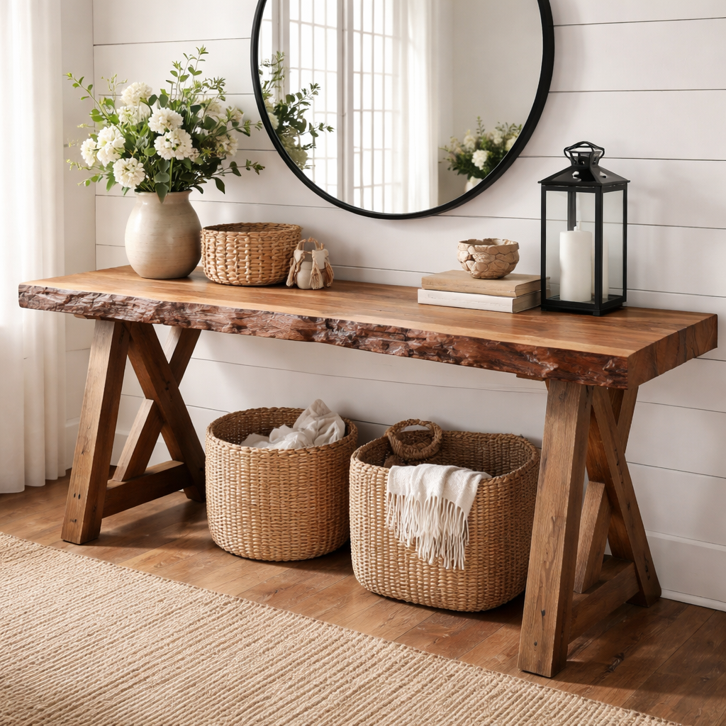 Live Edge Wooden Entryway Table with Natural Textures and Timeless Style