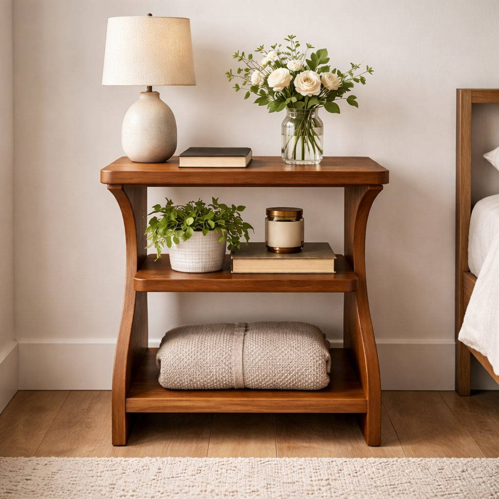 Sculptural Side Table with Organic Curves and Open Storage