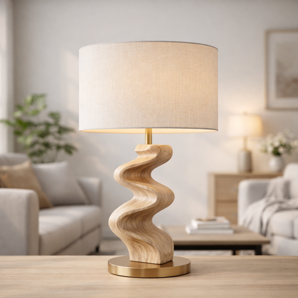 Sculptural Table Lamp with Twisted Wooden Base