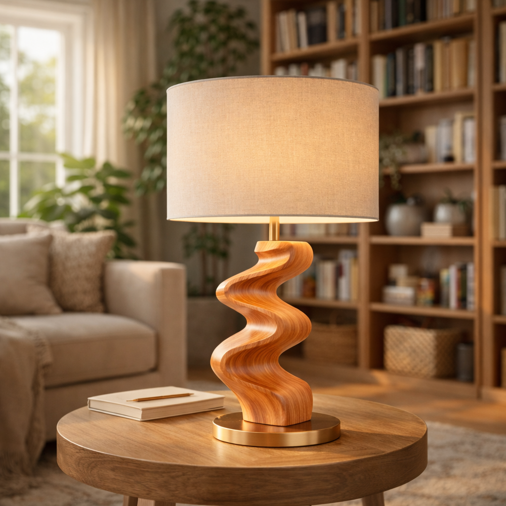 Sculptural Table Lamp with Twisted Wooden Base