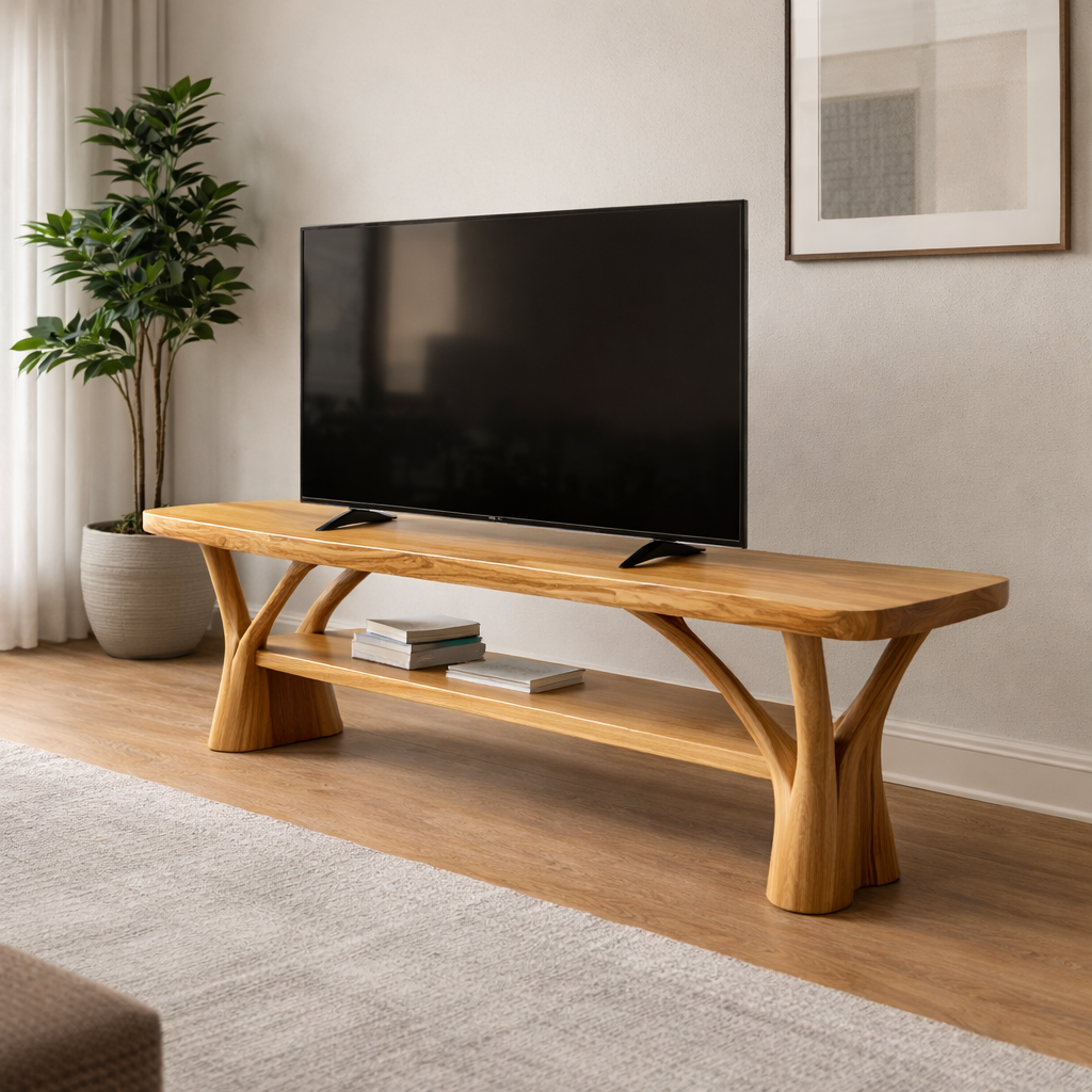 Handcrafted Solid Wood TV Stand With Sculptural Base And Shelf