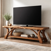 Live Edge TV Stand with Sculptural Wood Base and Open Shelf Storage