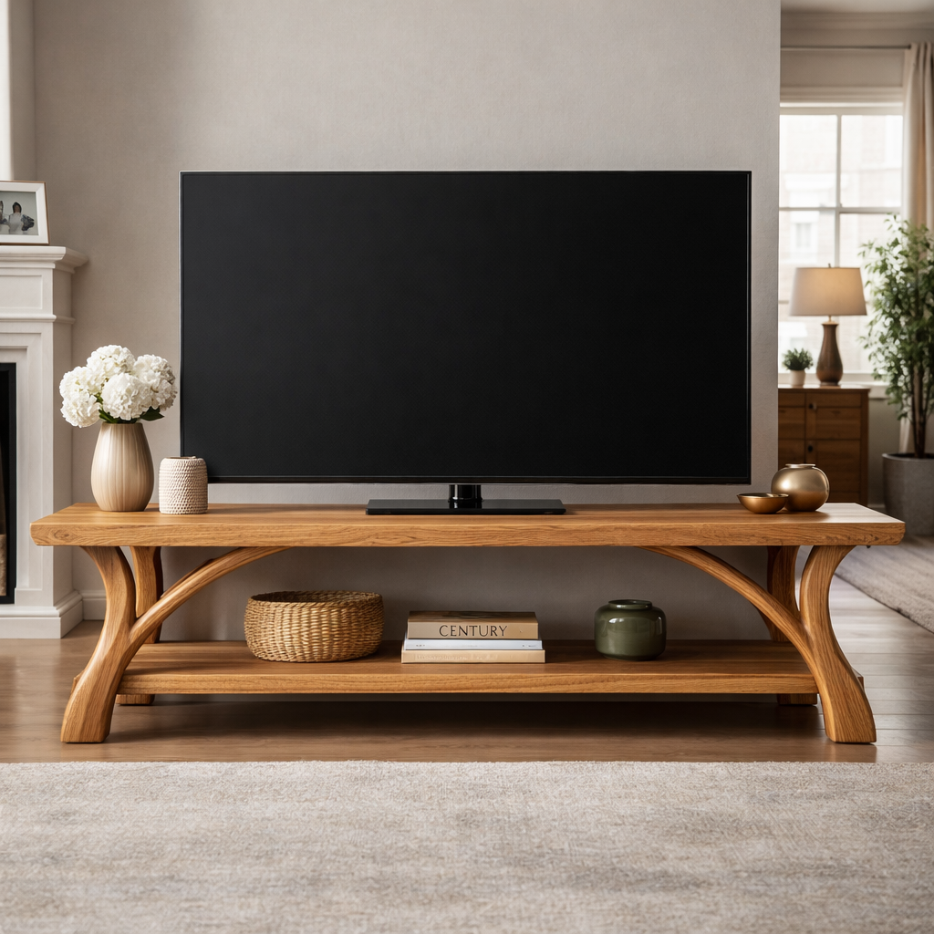 Live Edge TV Stand with Sculptural Wood Base and Open Shelf Storage