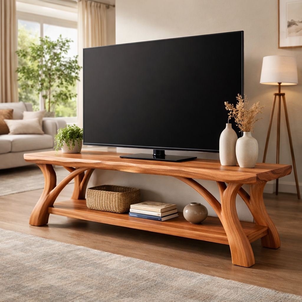 Live Edge TV Stand with Sculptural Wood Base and Open Shelf Storage