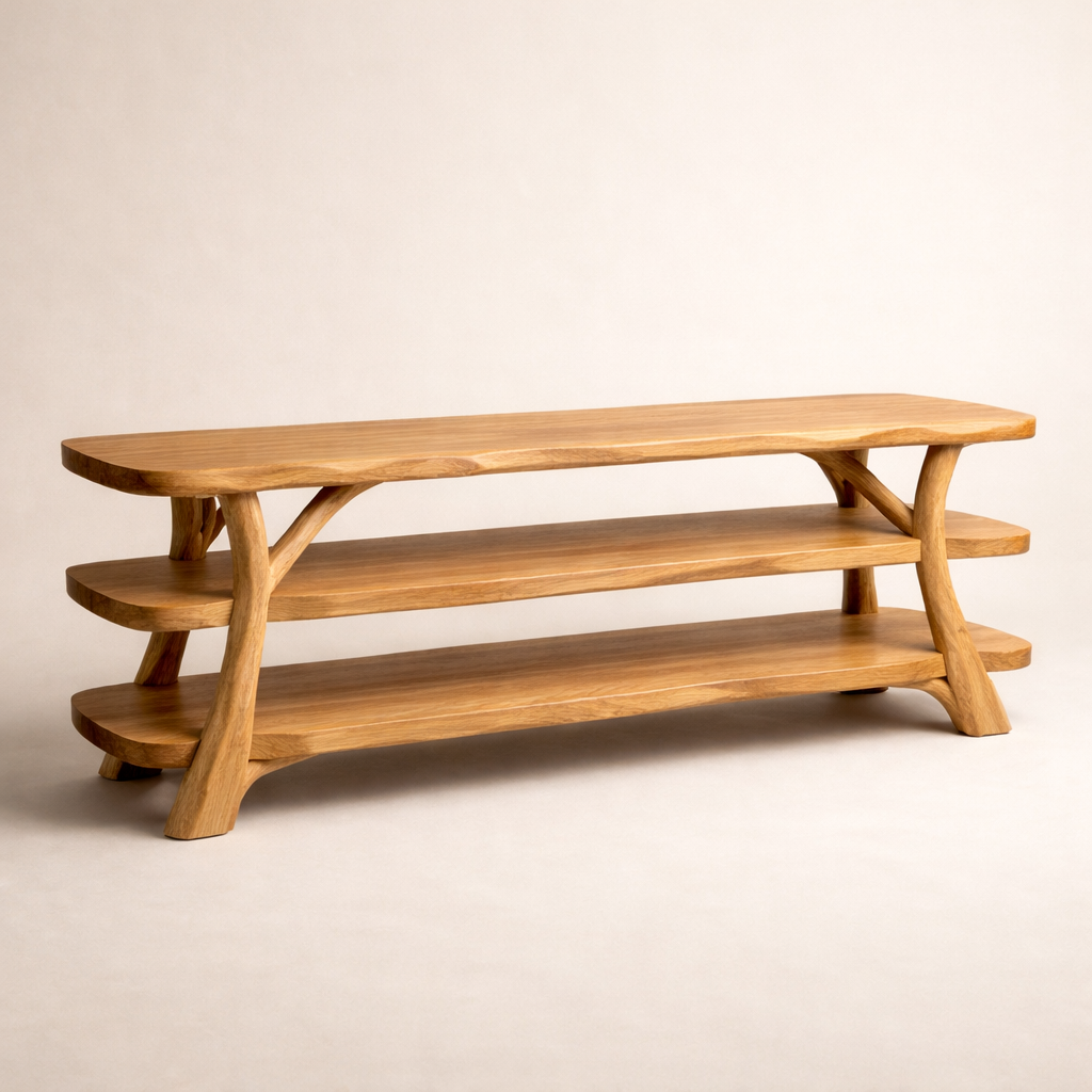 Wooden Live Edge TV Console with Sculptural Base and Open Shelving
