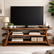 Wooden Live Edge TV Console with Sculptural Base and Open Shelving