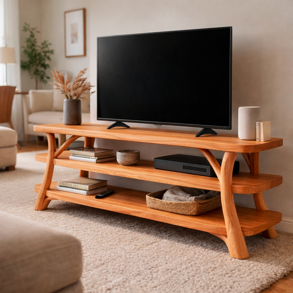 Wooden Live Edge TV Console with Sculptural Base and Open Shelving
