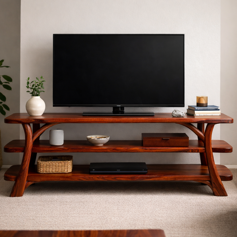 Wooden TV stand with a television mounted on it in a living room setting.