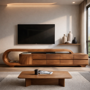 Handcrafted Solid Wood Curved TV Console With Drawer Storage