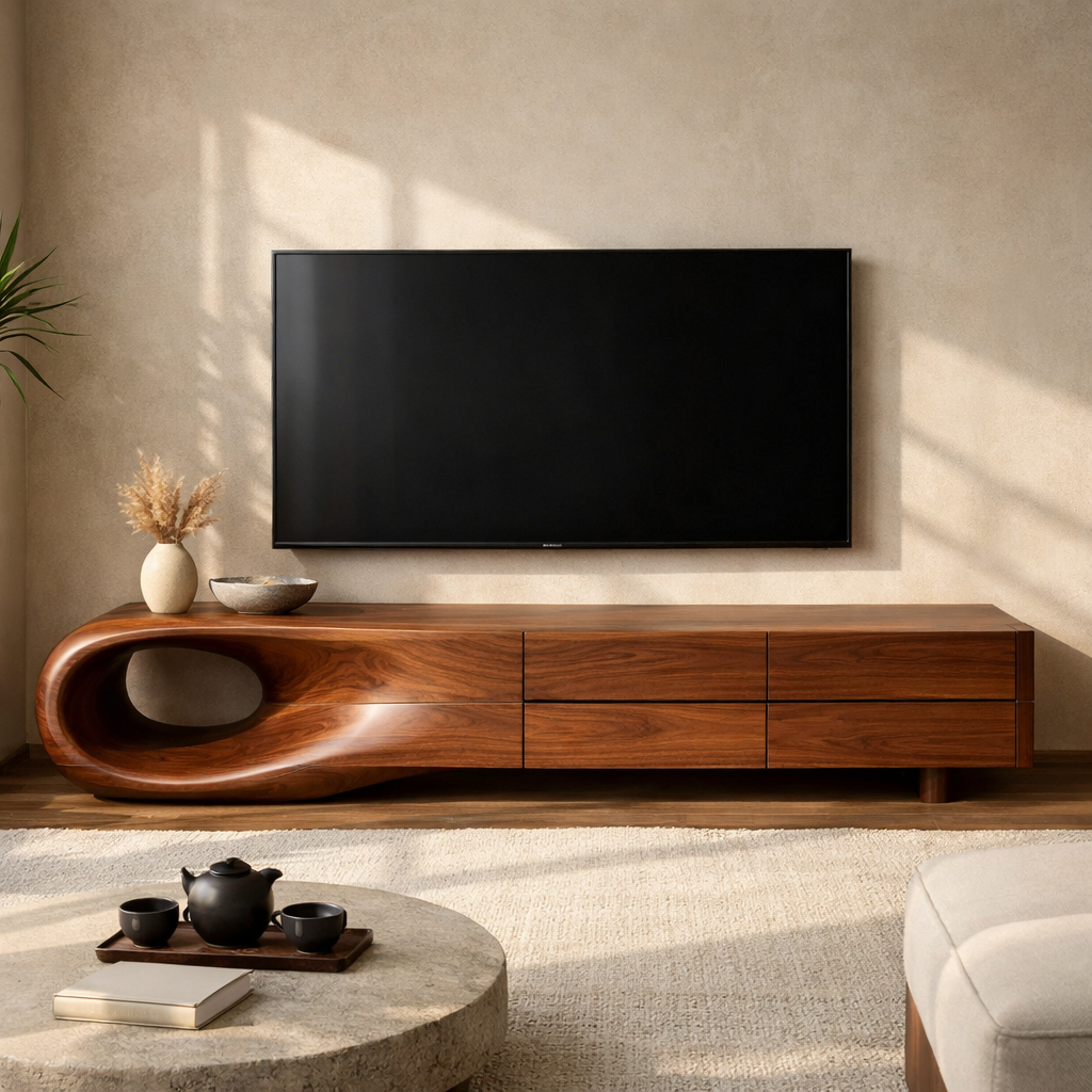 Sculptural Wood TV Console with Organic Curved Design
