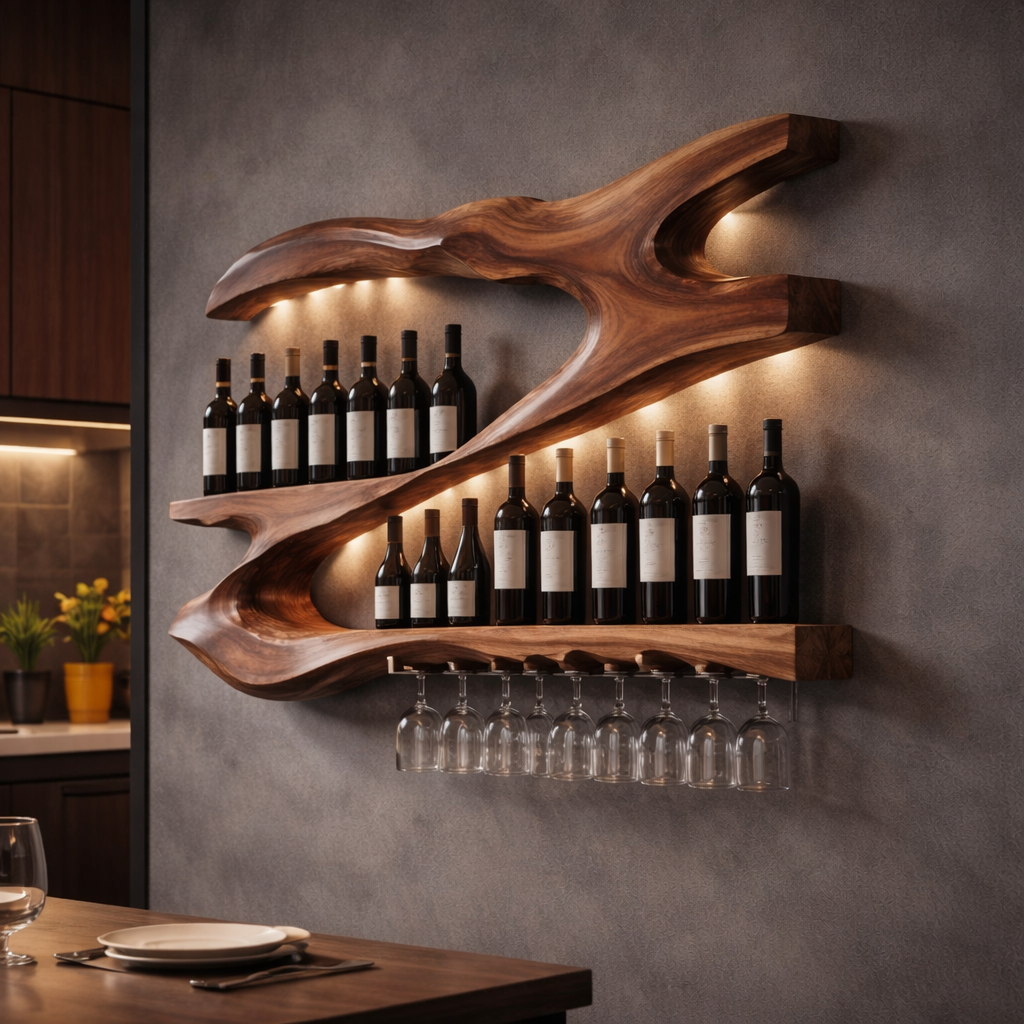 Sculptural Wine Holder Shelf in Natural Wood