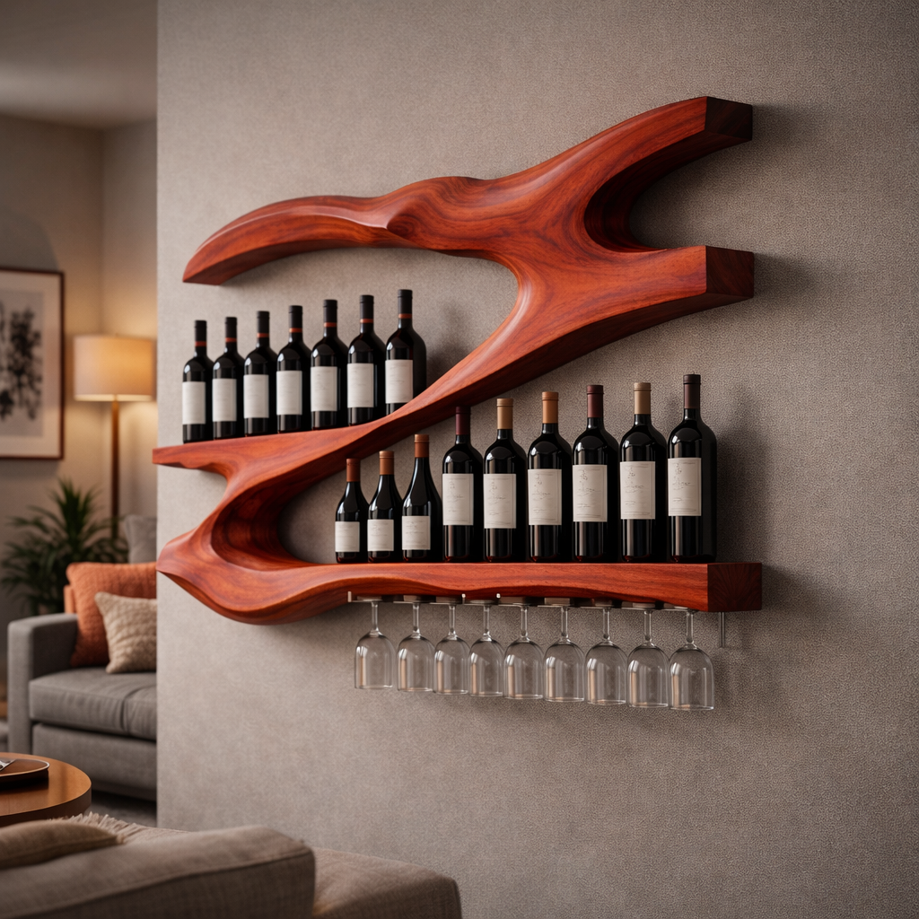 Sculptural Wine Holder Shelf in Natural Wood