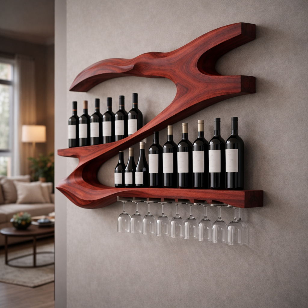 Sculptural Wine Holder Shelf in Natural Wood