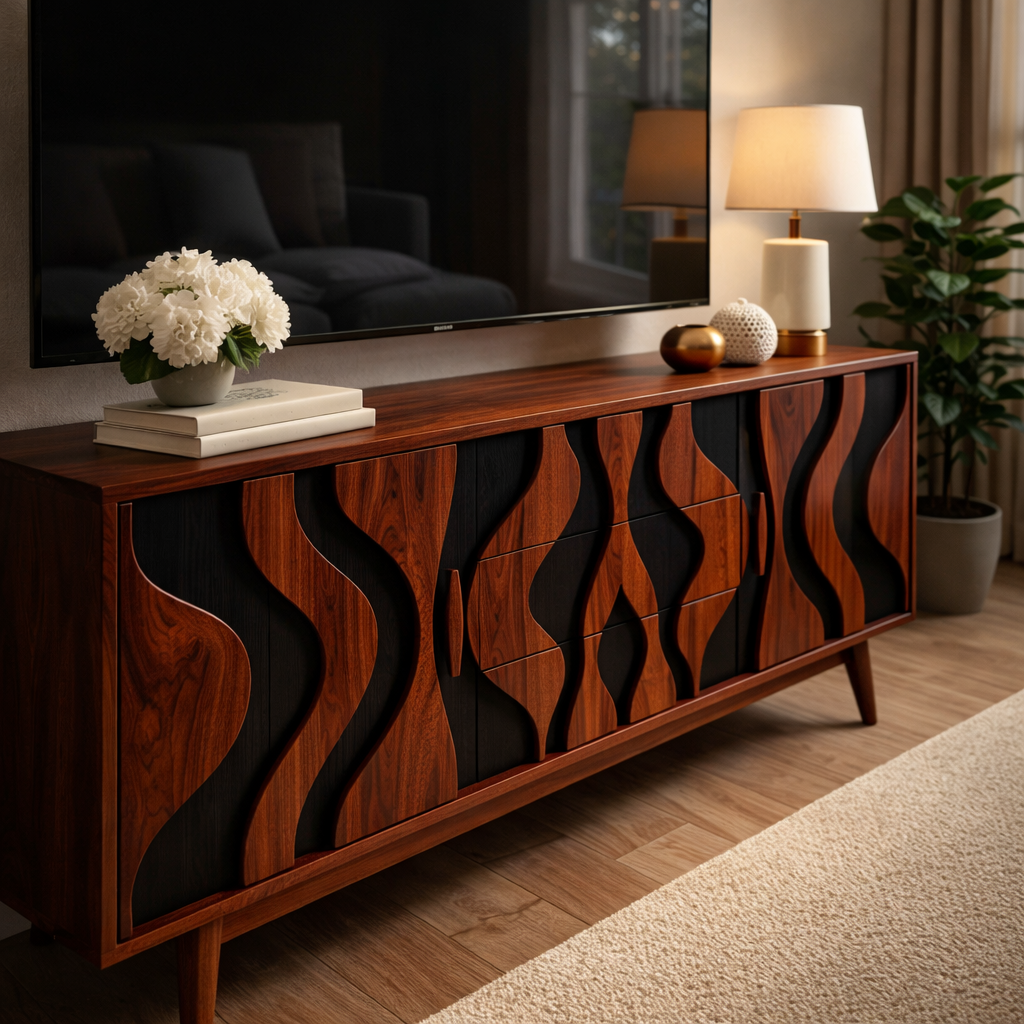 Modern Wood Console with Bold Black and Natural Wood Detailing