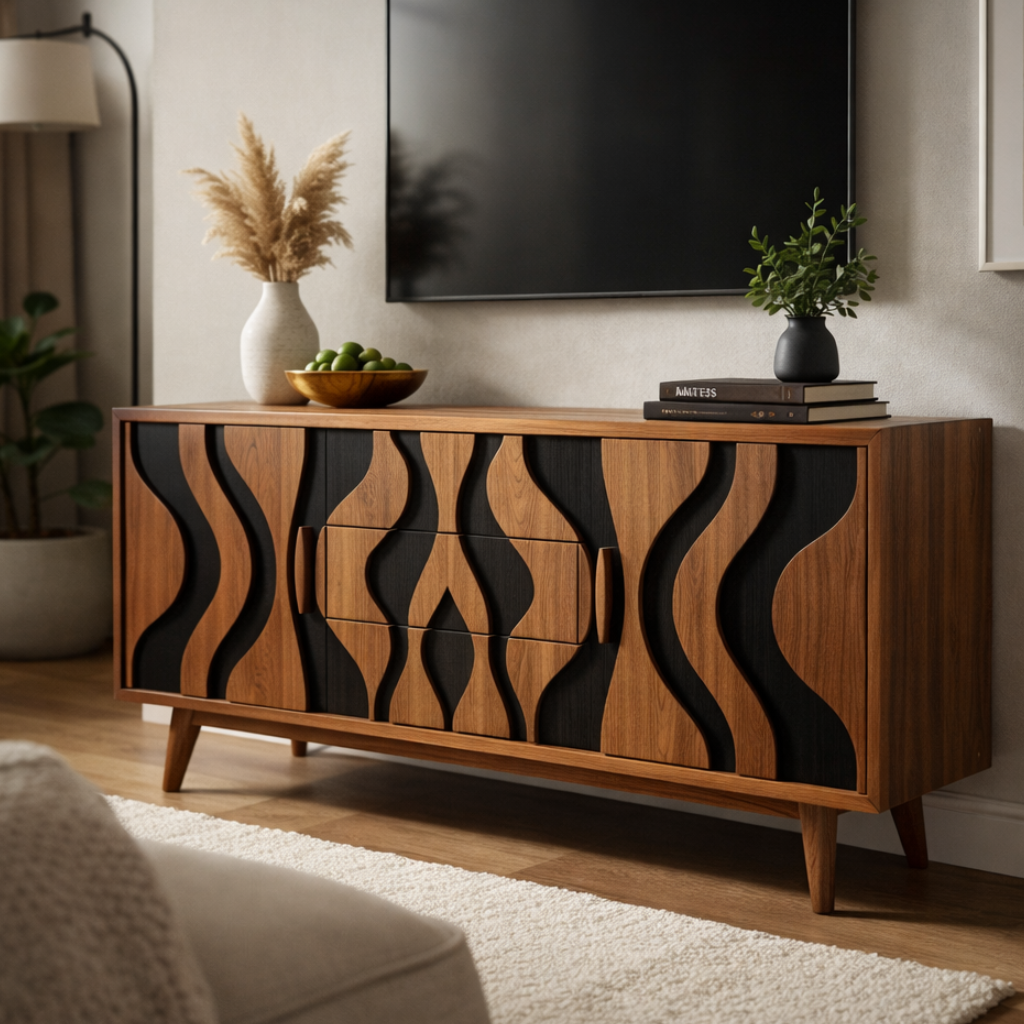 Modern Wood Console with Bold Black and Natural Wood Detailing