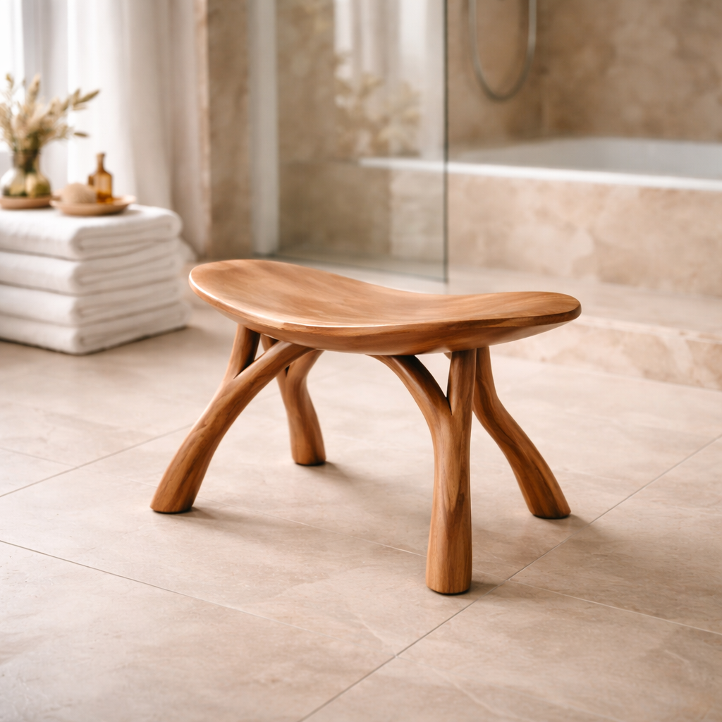 Natural Wood Shower Bench with Sculptural Design