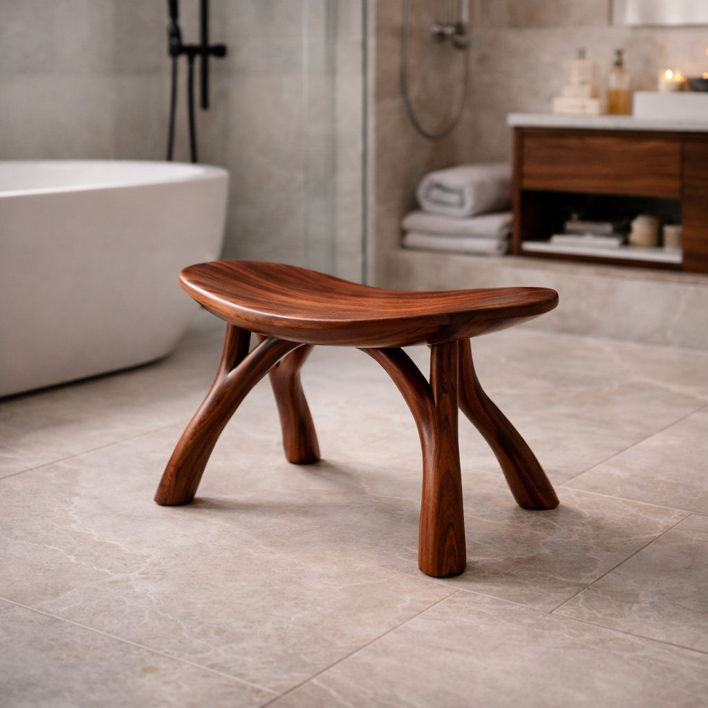 Natural Wood Shower Bench with Sculptural Design
