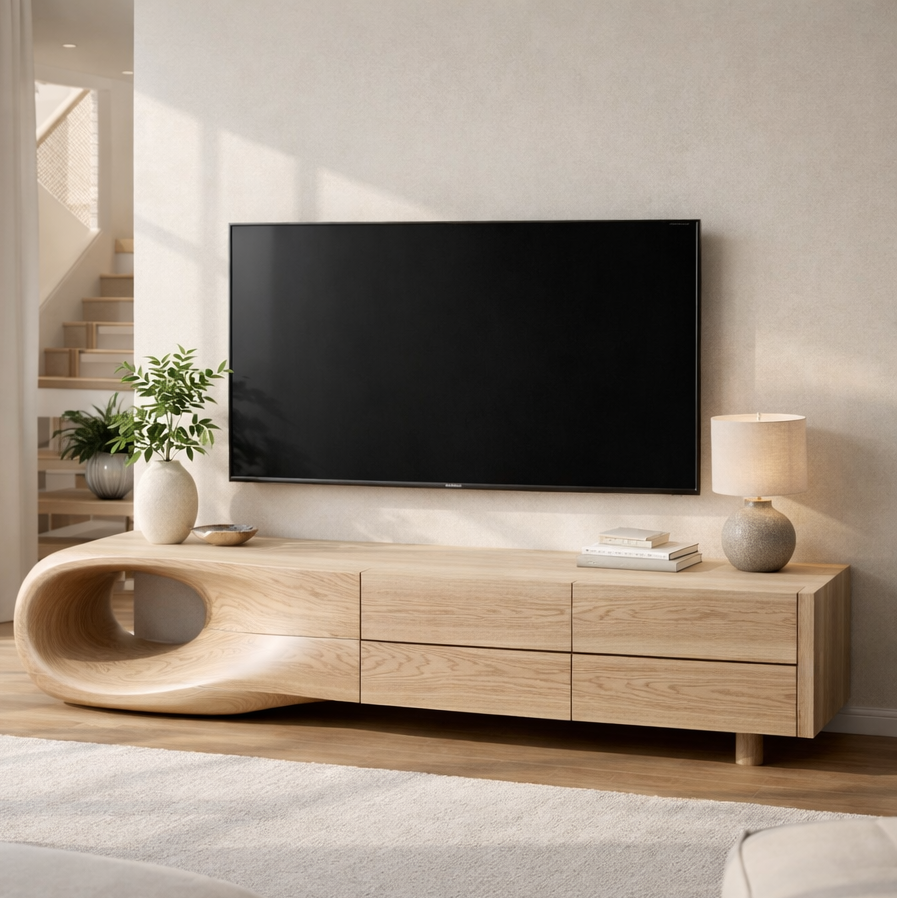 Sculptural Wood TV Console with Organic Curved Design