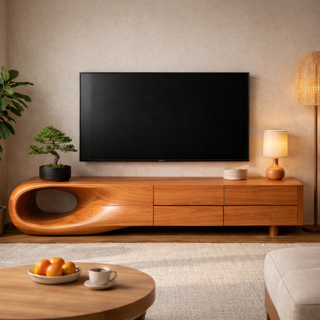 Sculptural Wood TV Console with Organic Curved Design