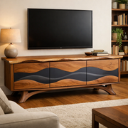 Modern Wood TV Stand with Sculpted Waves and Dark Accents