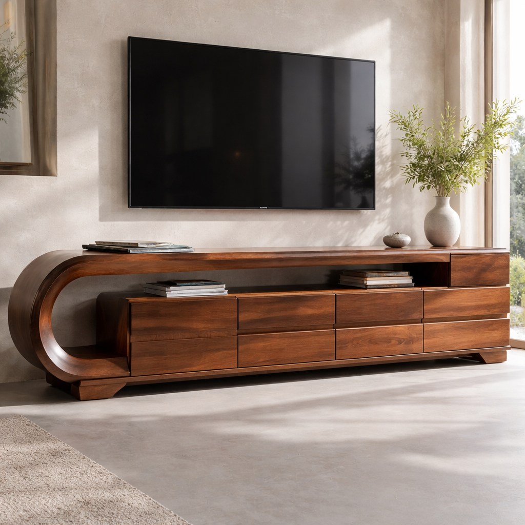 Sculpted Wooden TV Console with Curved Design and Sleek Storage