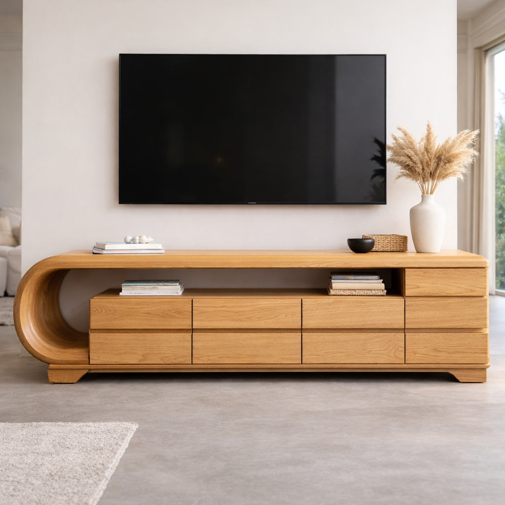 Sculpted Wooden TV Console with Curved Design and Sleek Storage