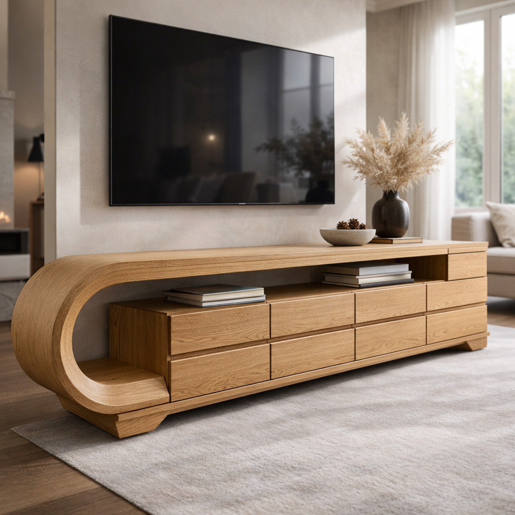 Sculpted Wooden TV Console with Curved Design and Sleek Storage