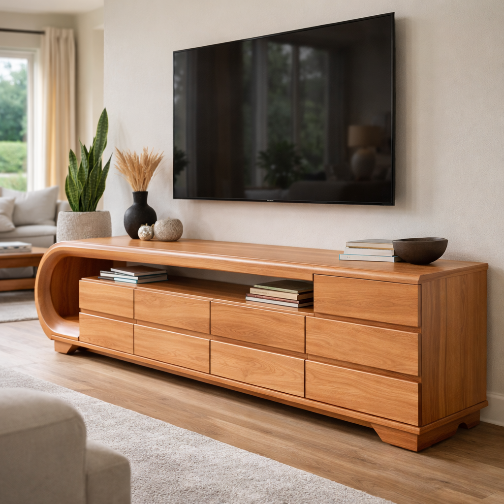 Sculpted Wooden TV Console with Curved Design and Sleek Storage