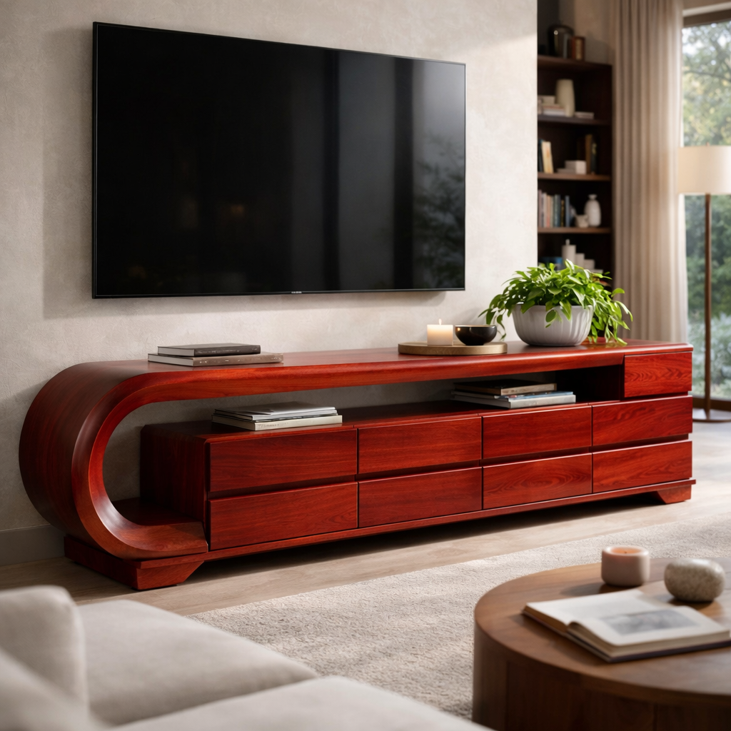 Sculpted Wooden TV Console with Curved Design and Sleek Storage
