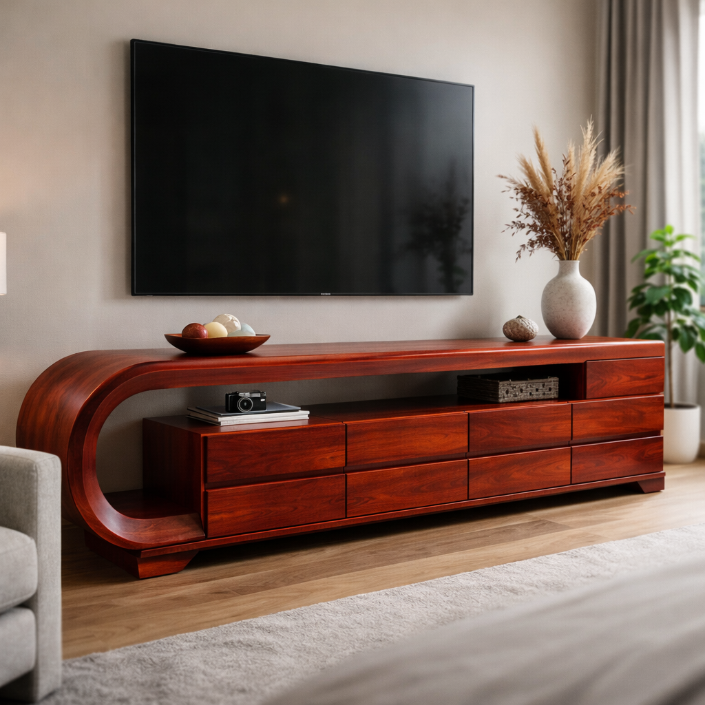 Sculpted Wooden TV Console with Curved Design and Sleek Storage