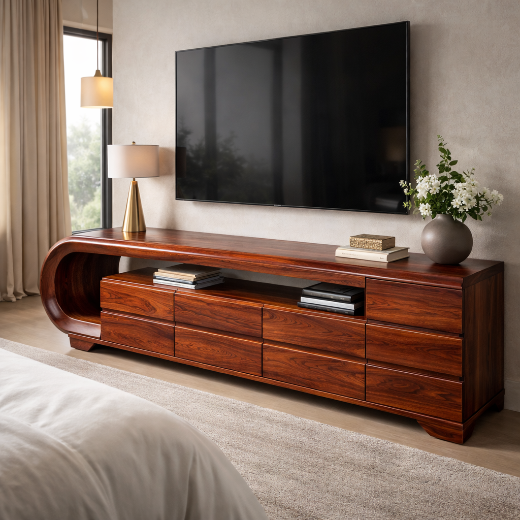 Sculpted Wooden TV Console with Curved Design and Sleek Storage