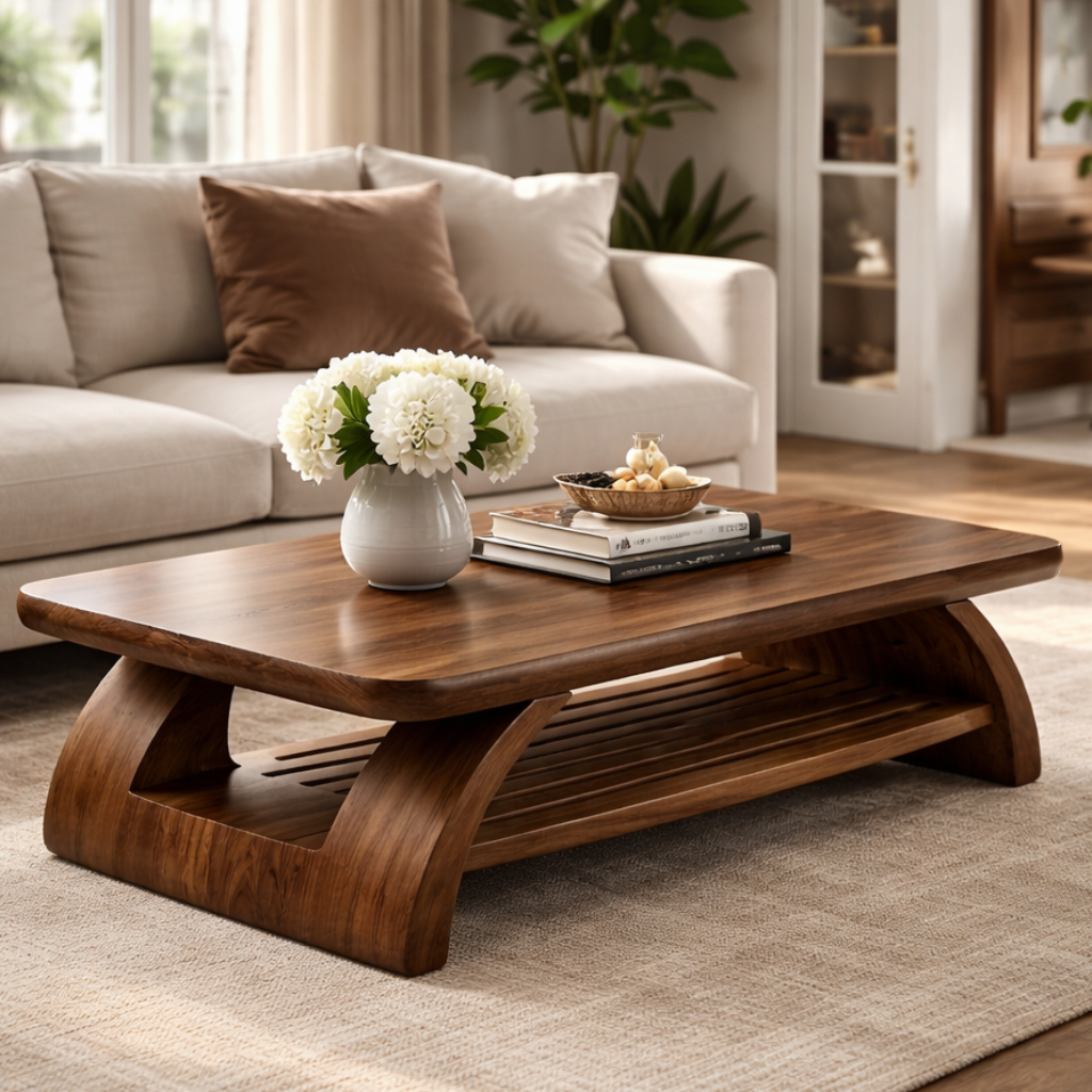 Wooden coffee table with decorative items in a living room setting