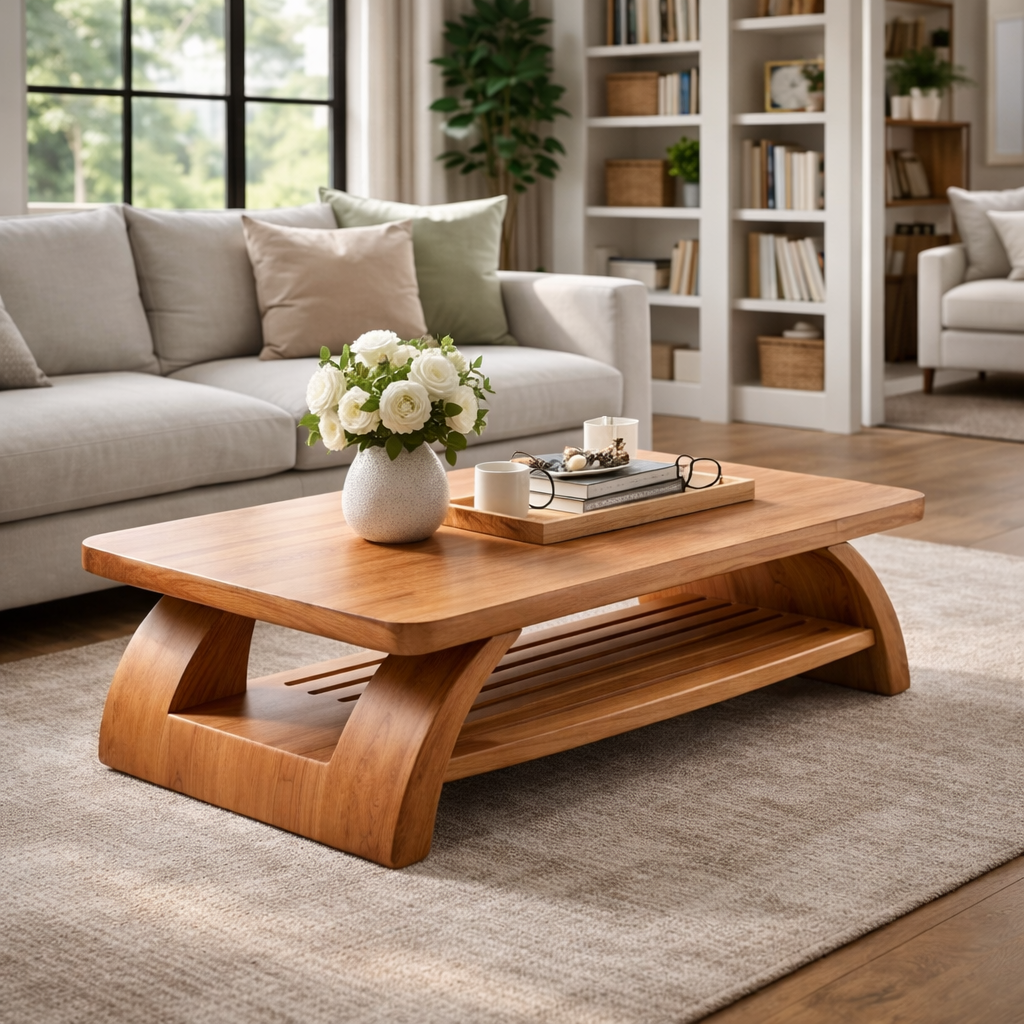 Sculptural Wooden Coffee Table with Open Shelf and Organic Design