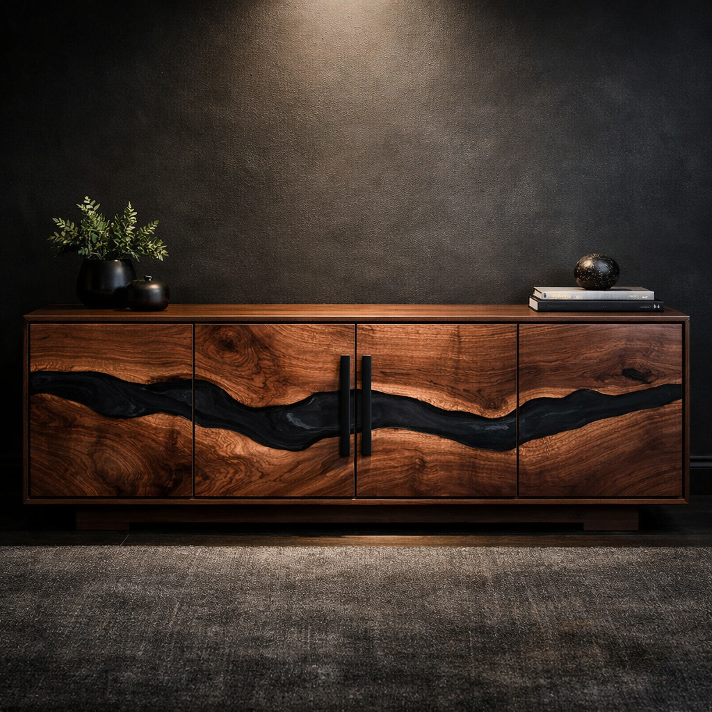 Live Edge Media Console with Bold Wood Grain and Black Inlay