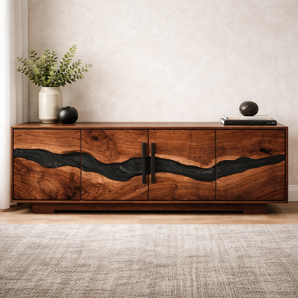 Live Edge Media Console with Bold Wood Grain and Black Inlay