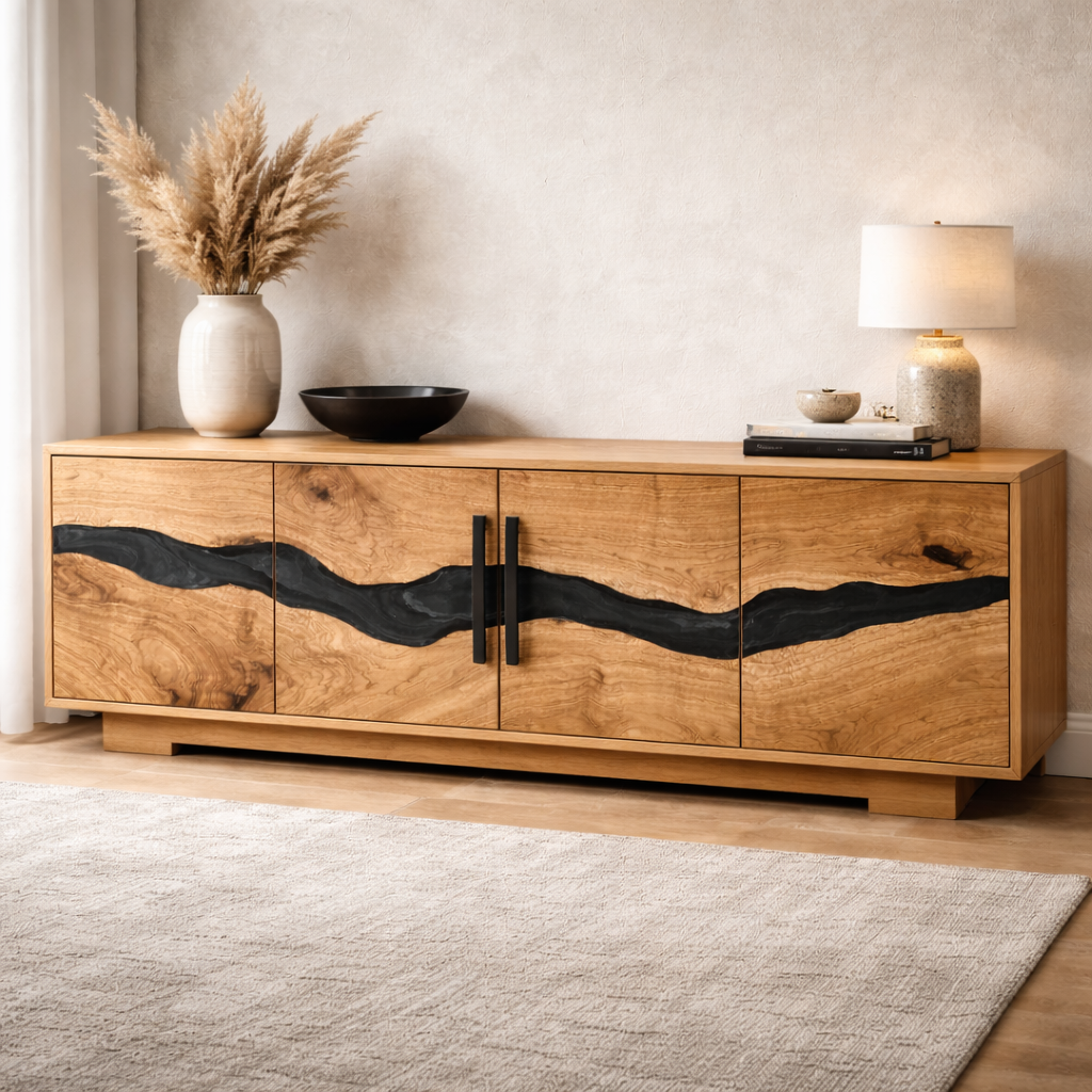Live Edge Media Console with Bold Wood Grain and Black Inlay
