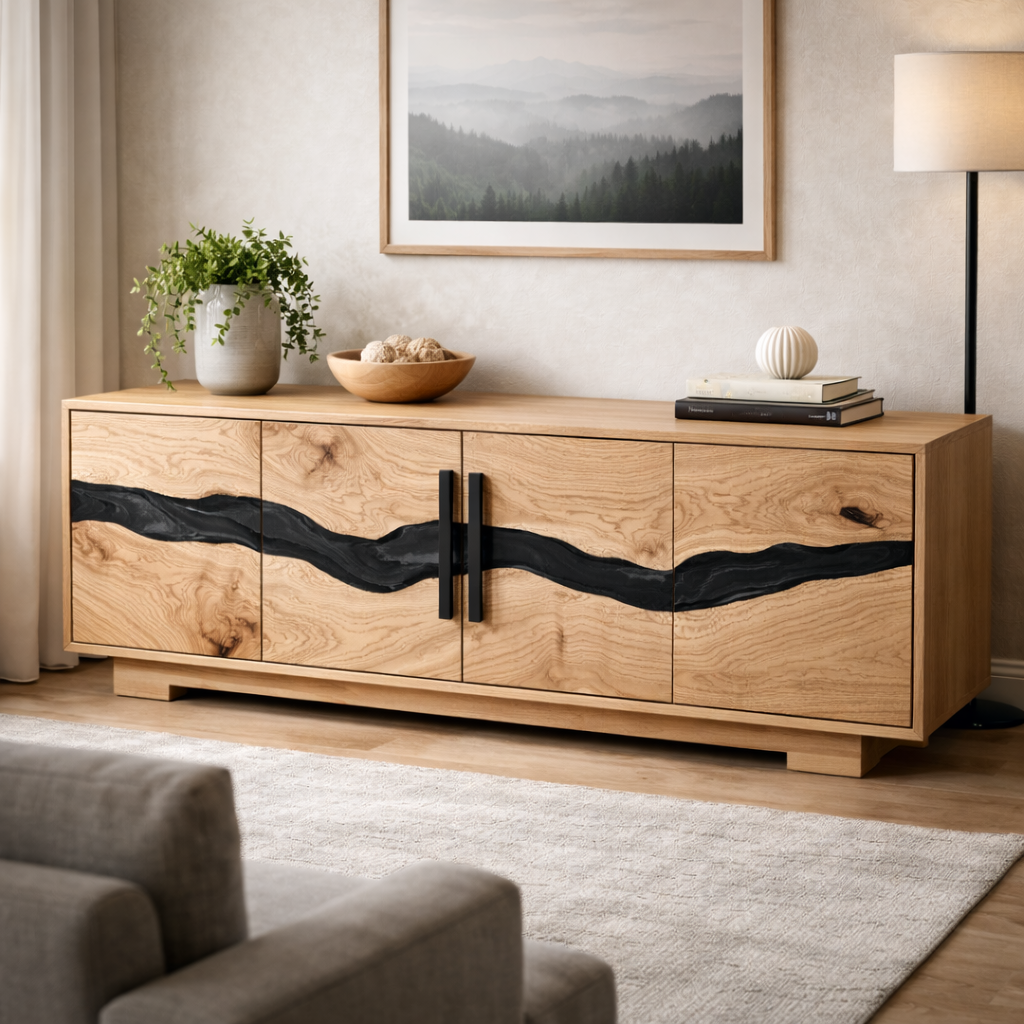 Live Edge Media Console with Bold Wood Grain and Black Inlay