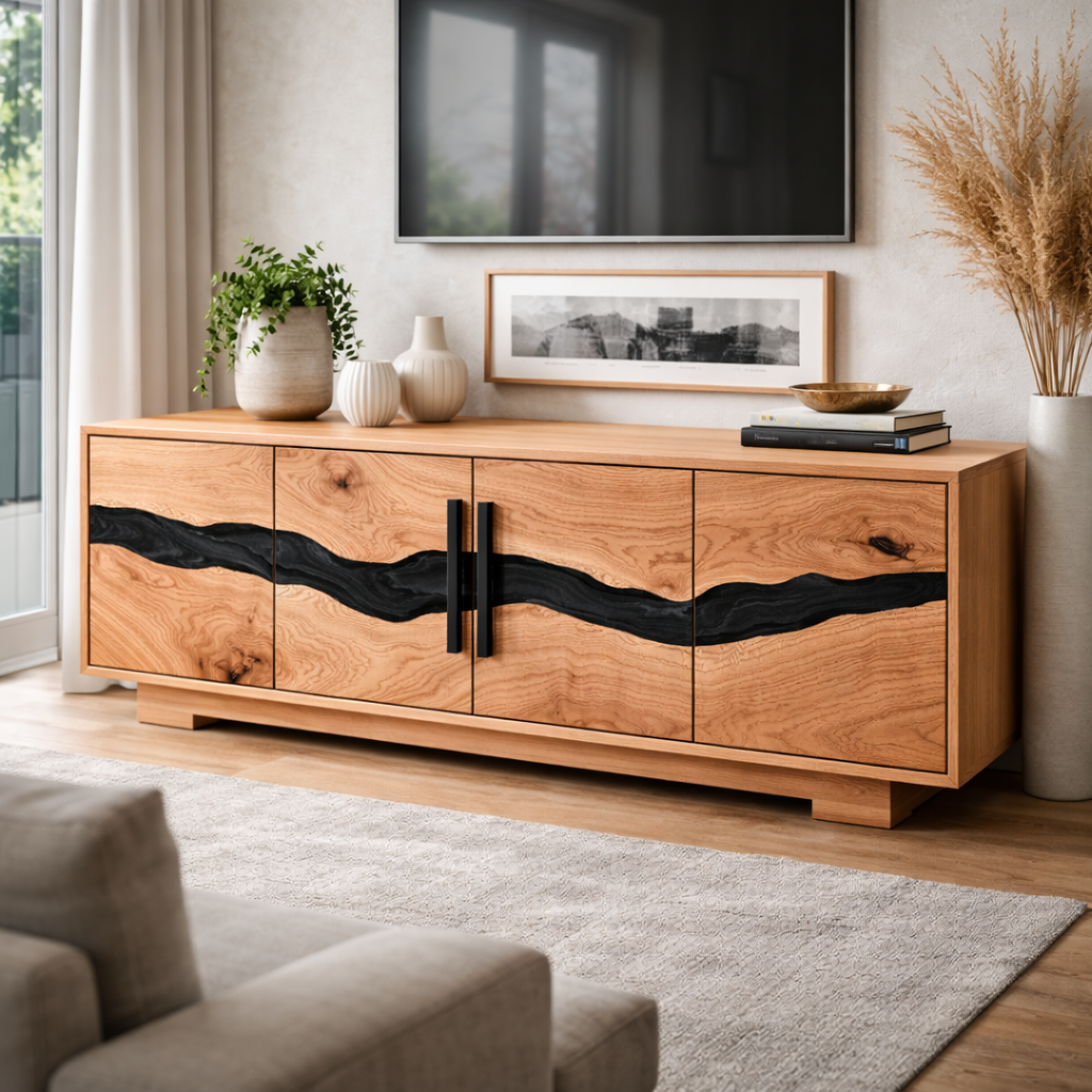 Live Edge Media Console with Bold Wood Grain and Black Inlay