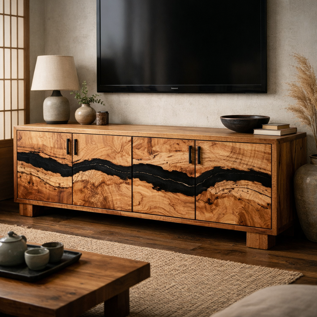 Mid Century Live Edge TV Cabinet with Unique Wood Grain and Contrast Inlays