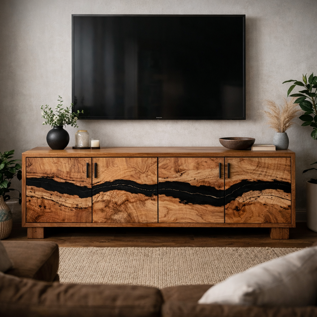 Mid Century Live Edge TV Cabinet with Unique Wood Grain and Contrast Inlays