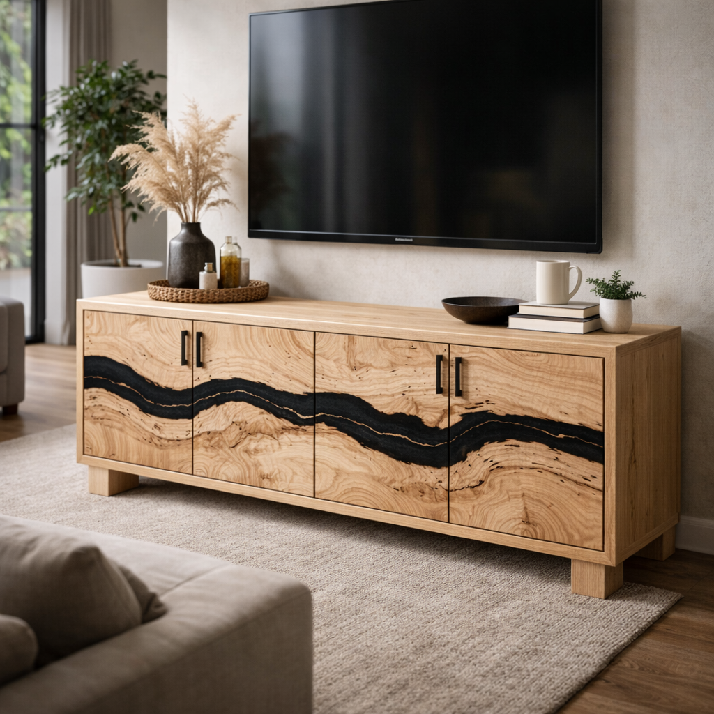 Mid Century Live Edge TV Cabinet with Unique Wood Grain and Contrast Inlays